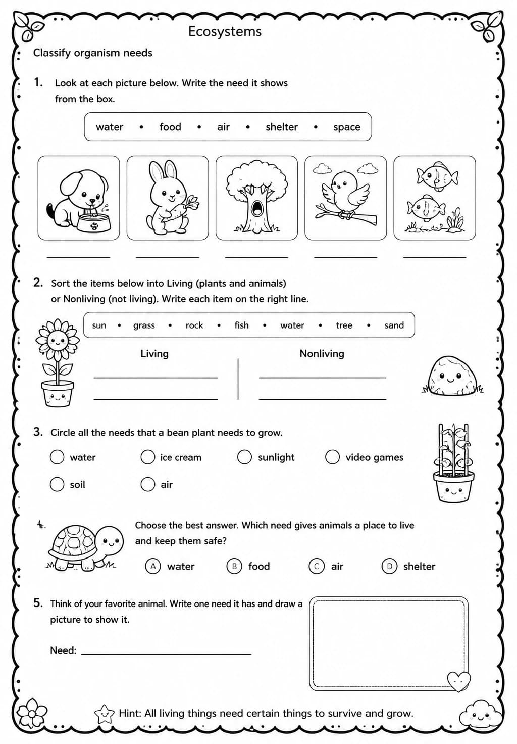 Classify organism needs — free printable Grade 3 Science worksheet