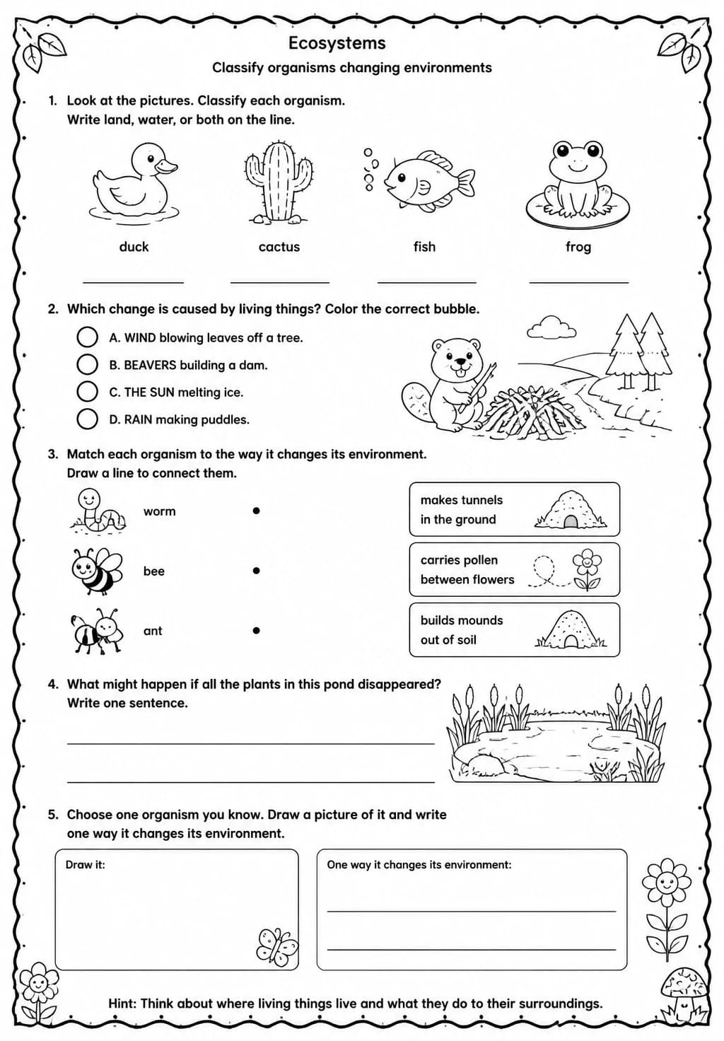 Classify organisms changing environments — free printable Grade 1 Science worksheet