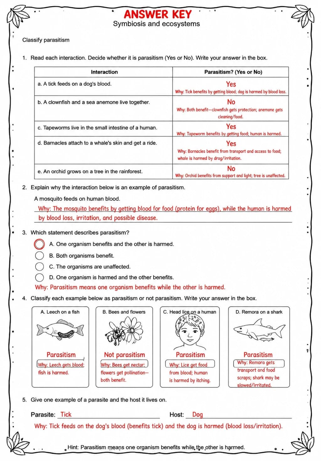 Answer key for Classify parasitism — free printable Science worksheet