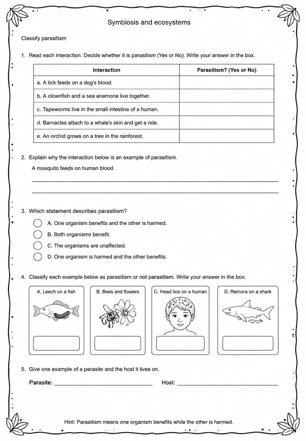 Classify parasitism — free printable Middle School Science worksheet