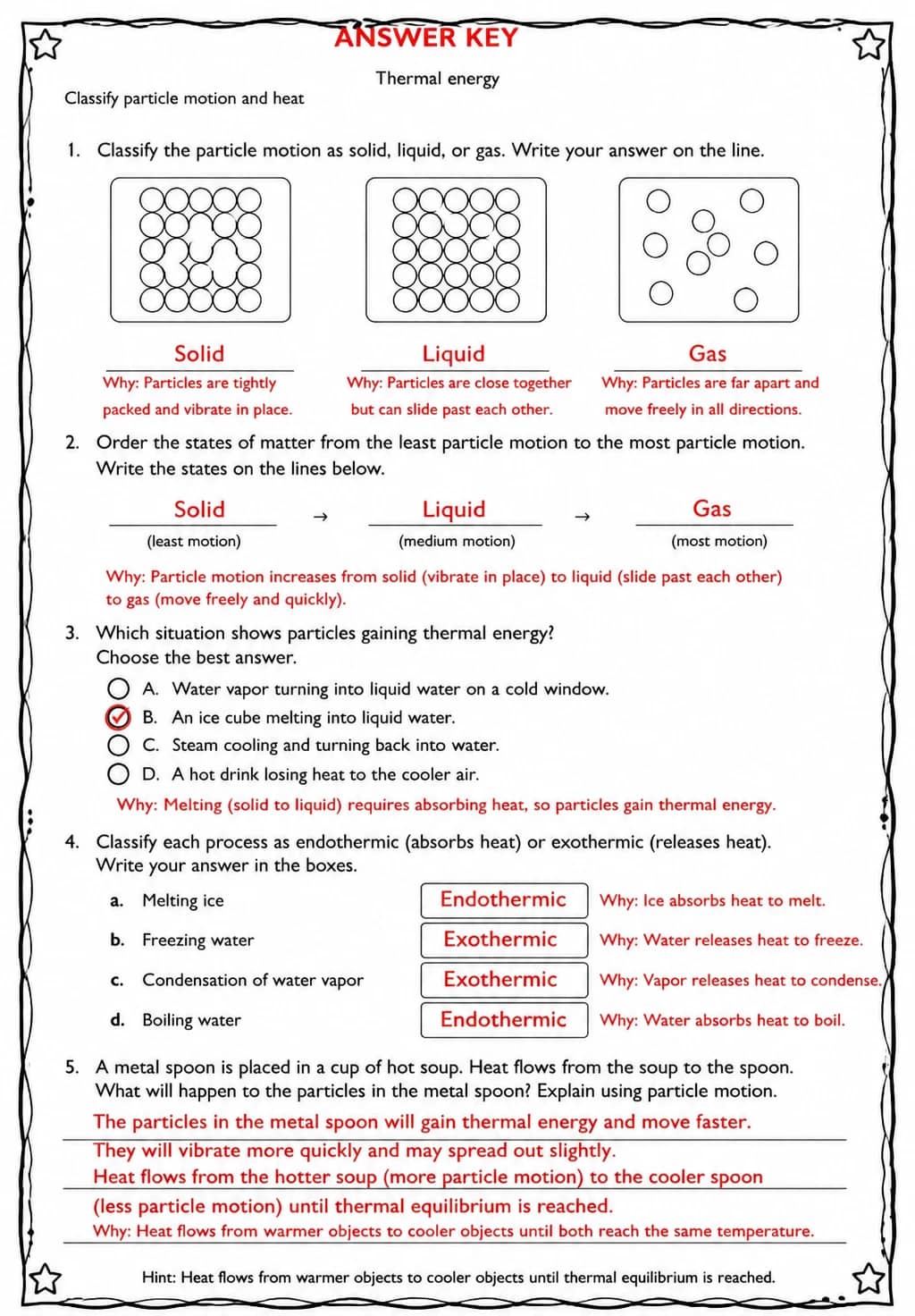 Answer key for Classify particle motion and heat — free printable Science worksheet