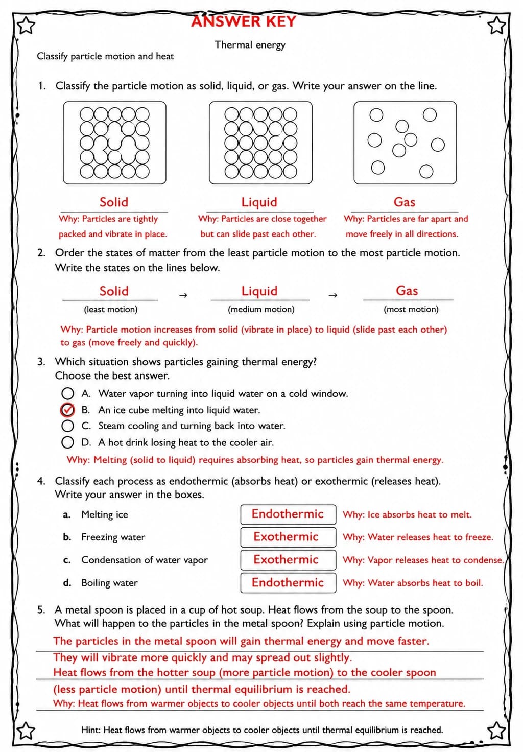 Answer key for Classify particle motion and heat — free printable Science worksheet