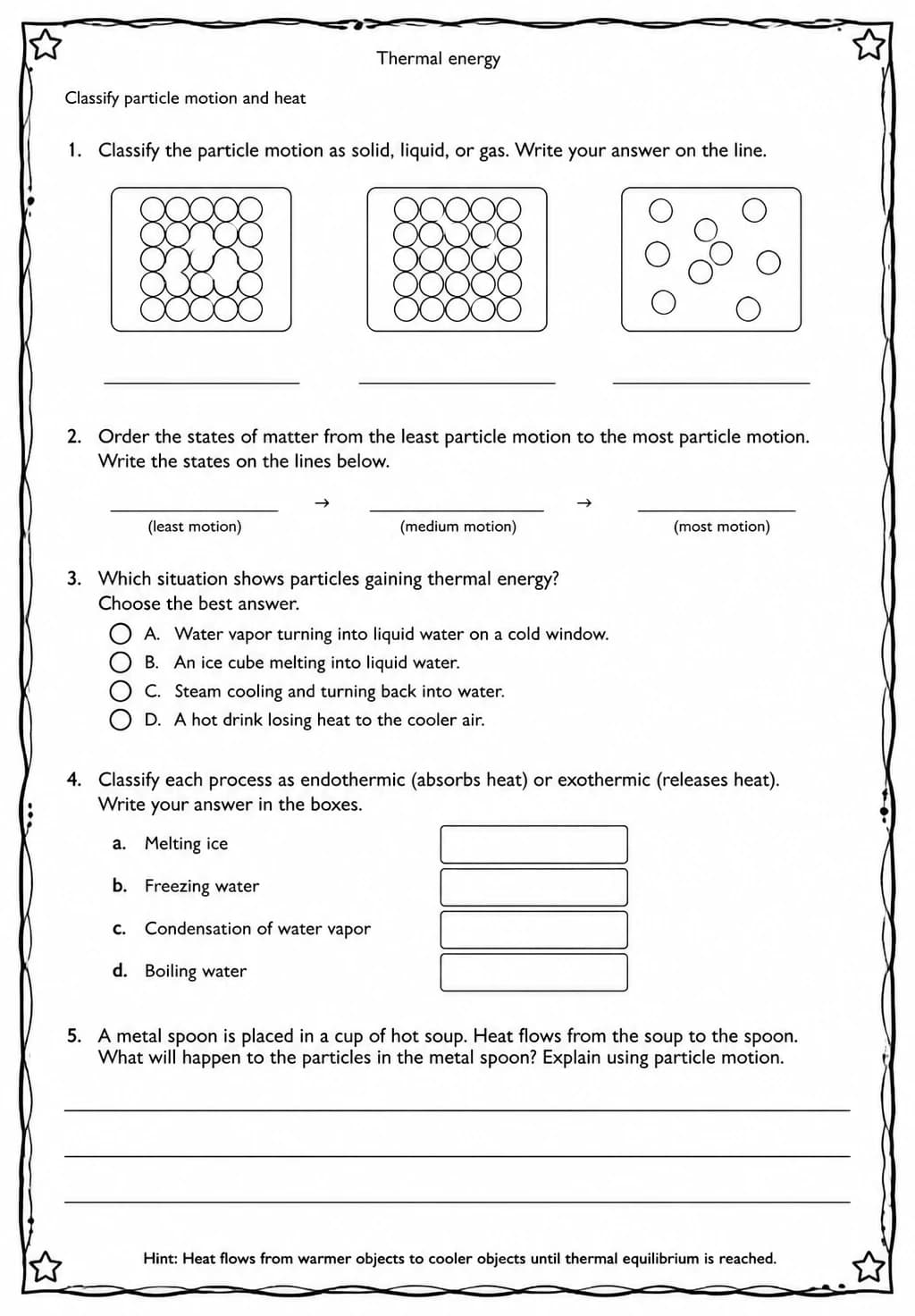 Classify particle motion and heat — free printable Middle School Science worksheet