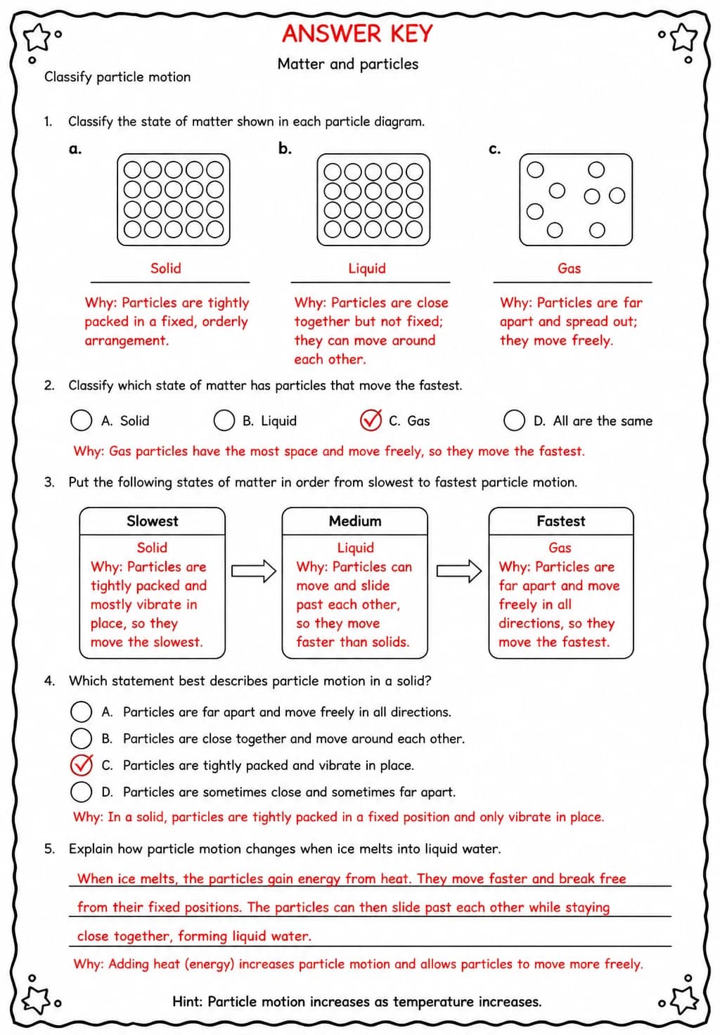 Answer key for Classify particle motion — free printable Science worksheet