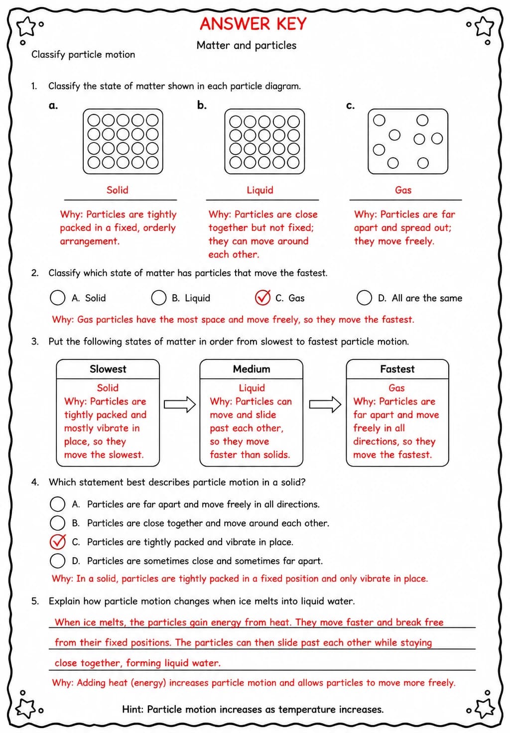 Answer key for Classify particle motion — free printable Science worksheet
