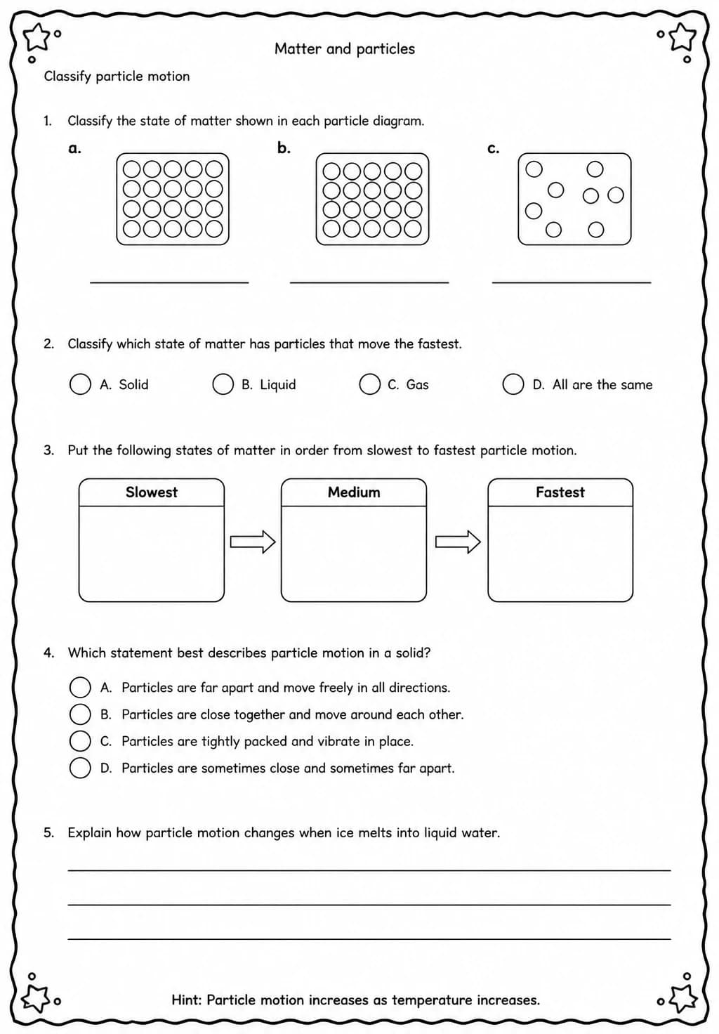 Classify particle motion — free printable Middle School Science worksheet