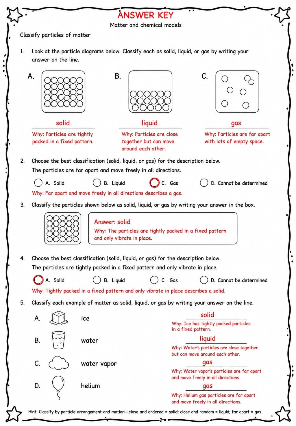 Answer key for Classify particles of matter — free printable Science worksheet
