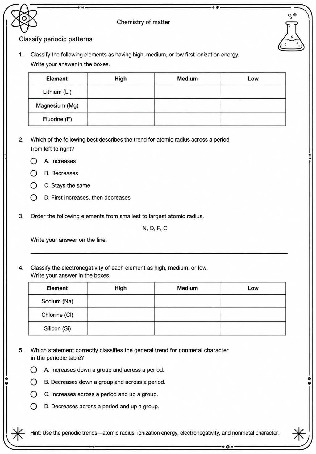 Classify periodic patterns — free printable Middle School Science worksheet