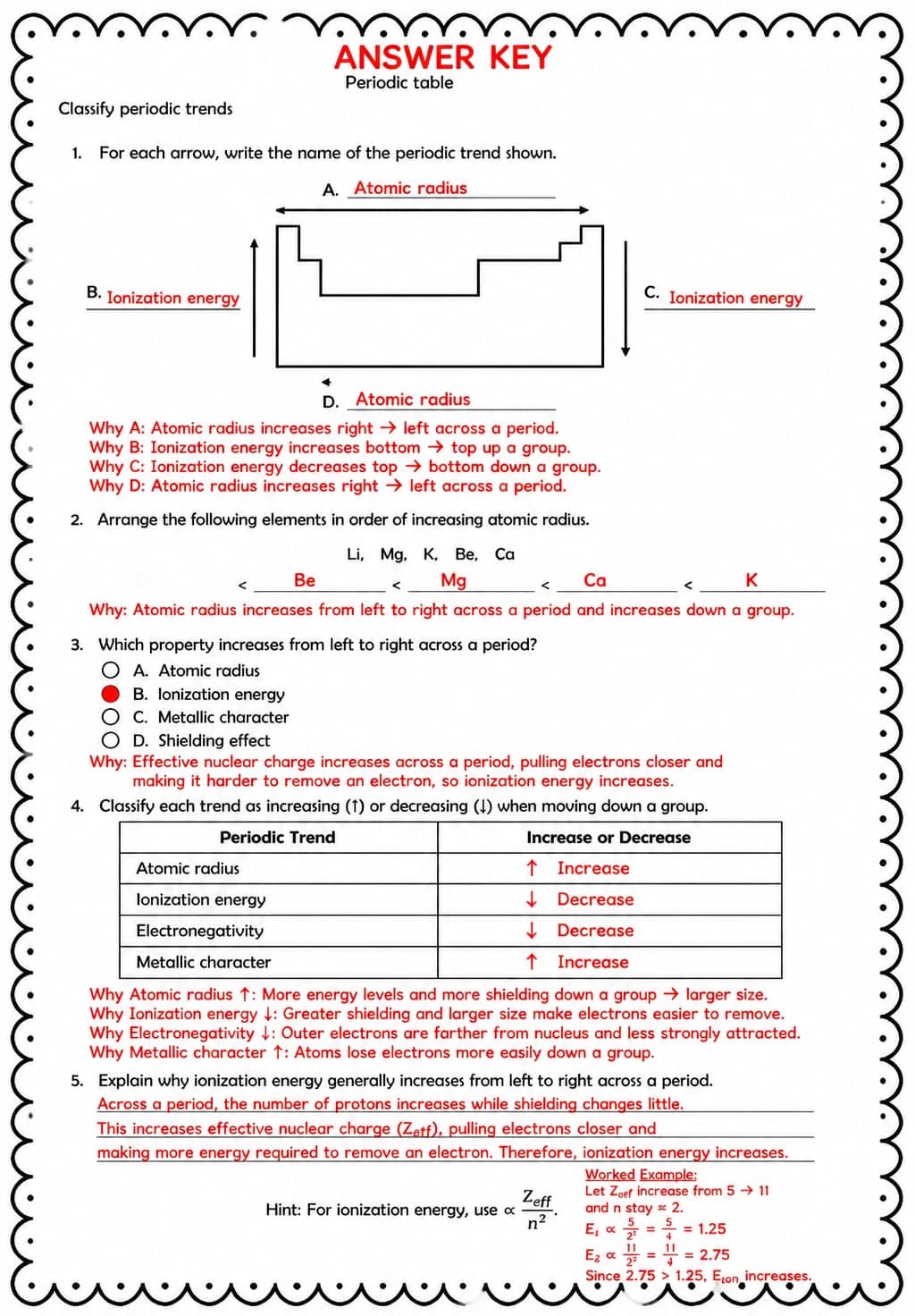 Answer key for Classify periodic trends — free printable Science worksheet