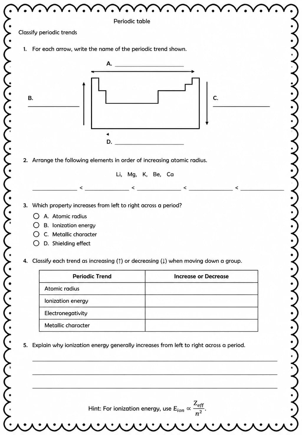 Classify periodic trends — free printable High School Science worksheet