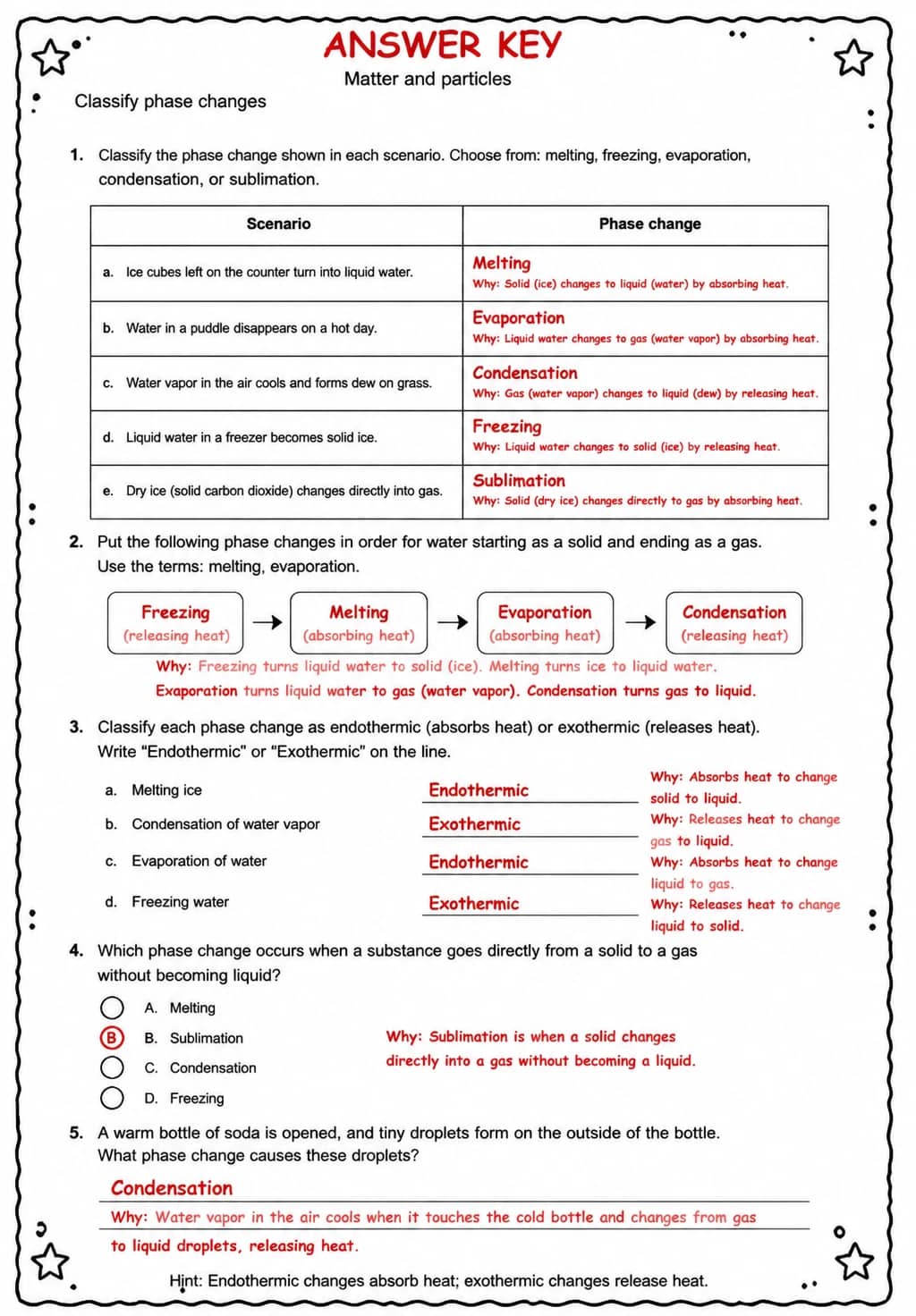 Answer key for Classify phase changes — free printable Science worksheet