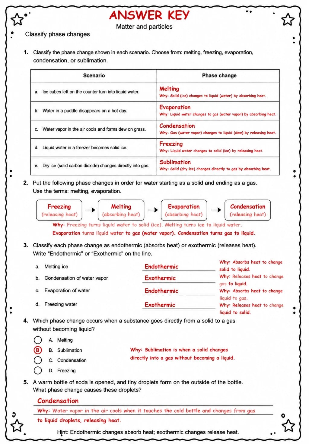 Answer key for Classify phase changes — free printable Science worksheet
