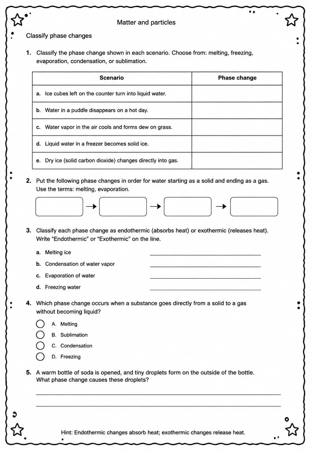 Classify phase changes — free printable Middle School Science worksheet