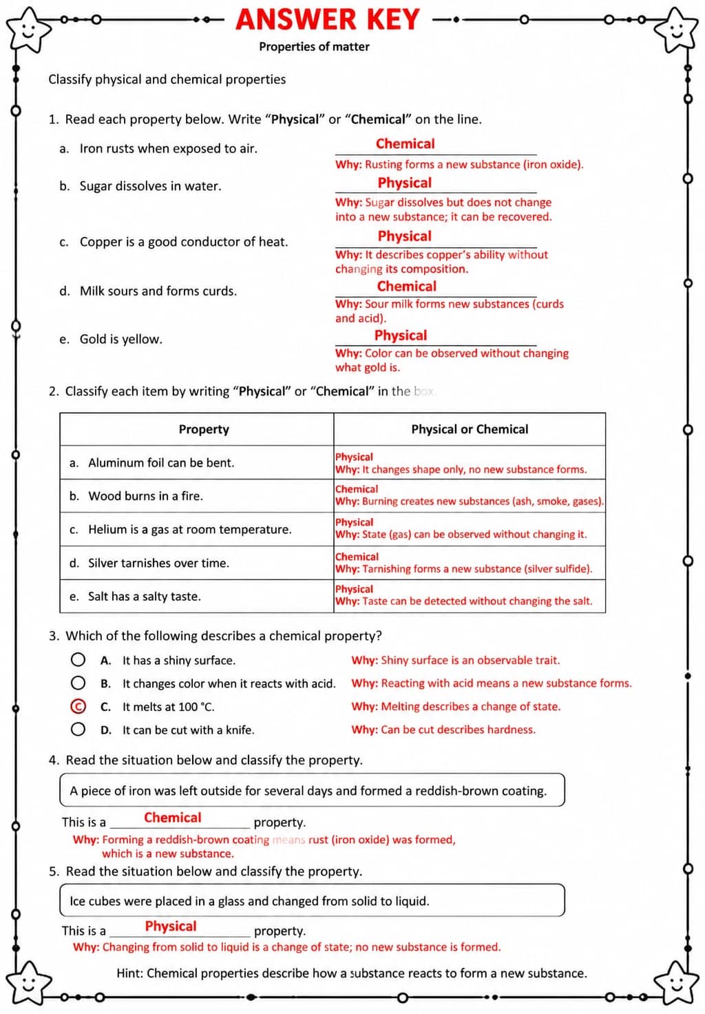 Answer key for Classify physical and chemical properties — free printable Science worksheet