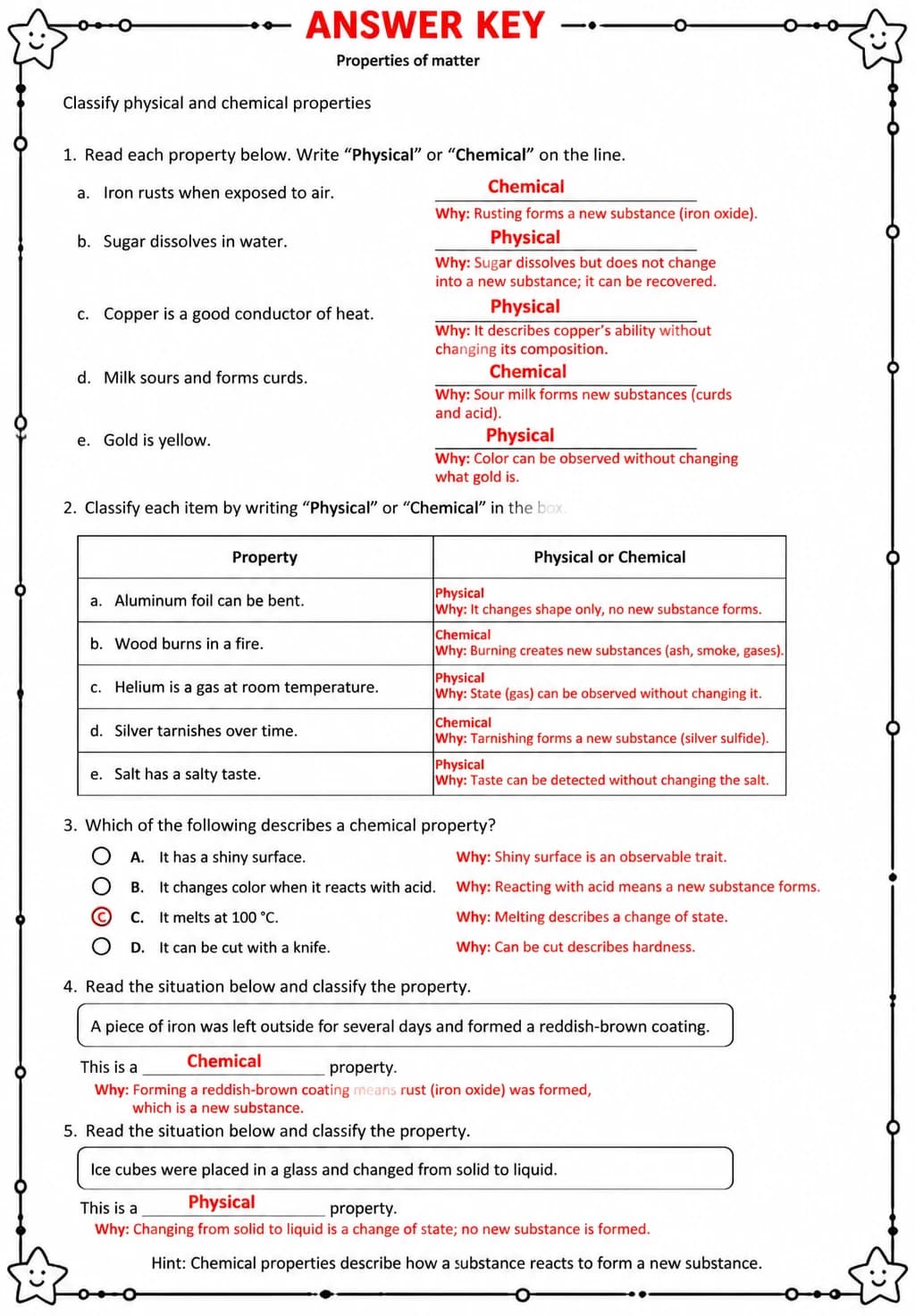 Answer key for Classify physical and chemical properties — free printable Science worksheet
