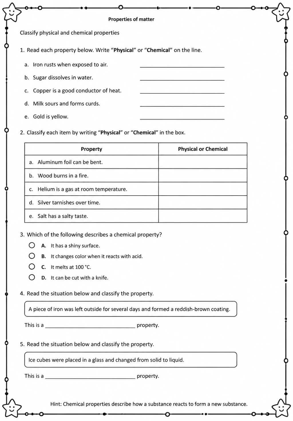 Classify physical and chemical properties — free printable Grade 5 Science worksheet