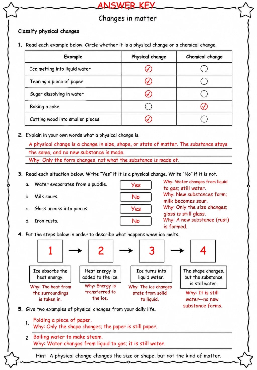 Answer key for Classify physical changes — free printable Science worksheet