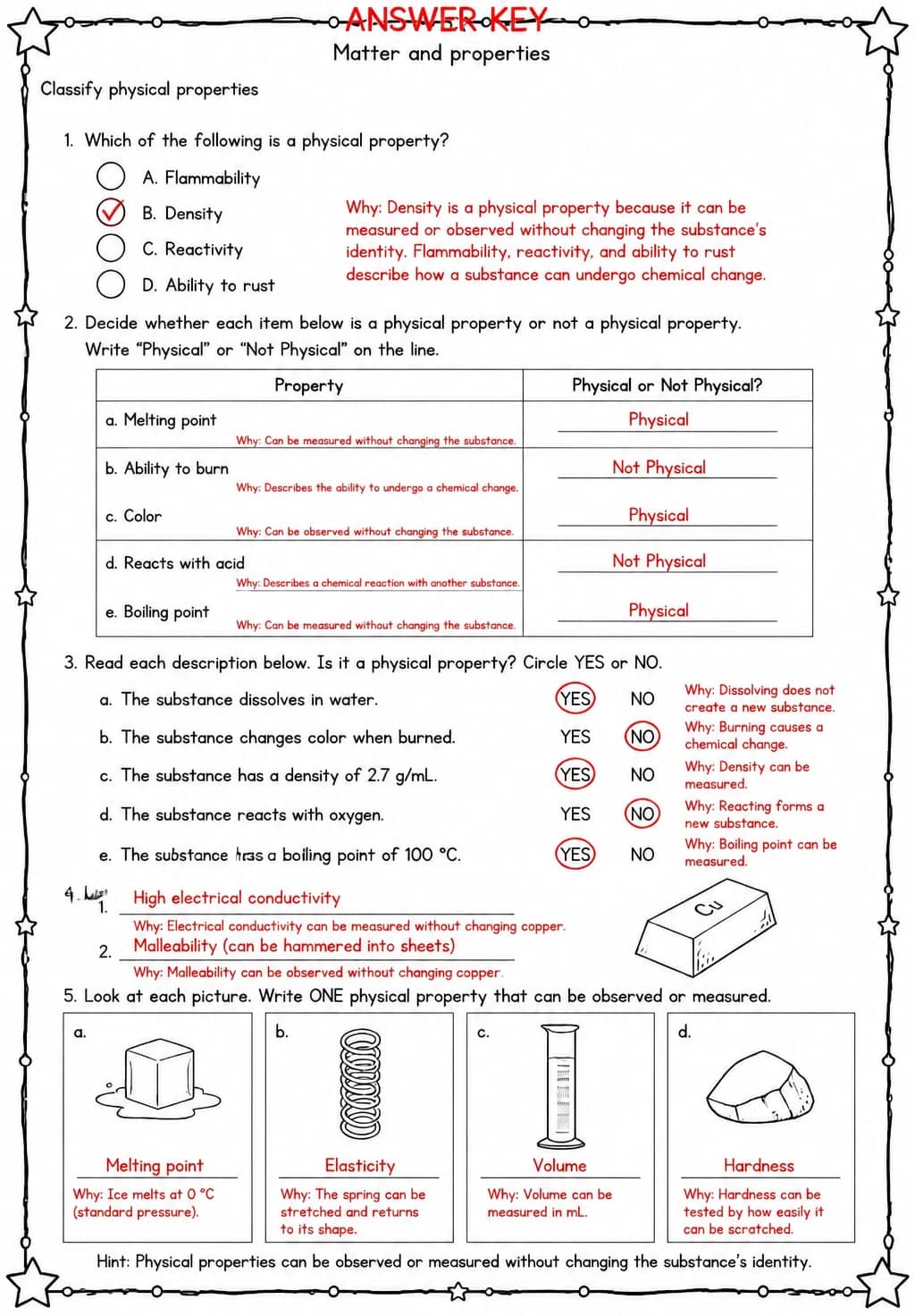 Answer key for Classify physical properties — free printable Science worksheet