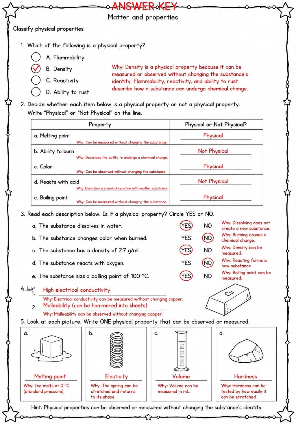 Answer key for Classify physical properties — free printable Science worksheet