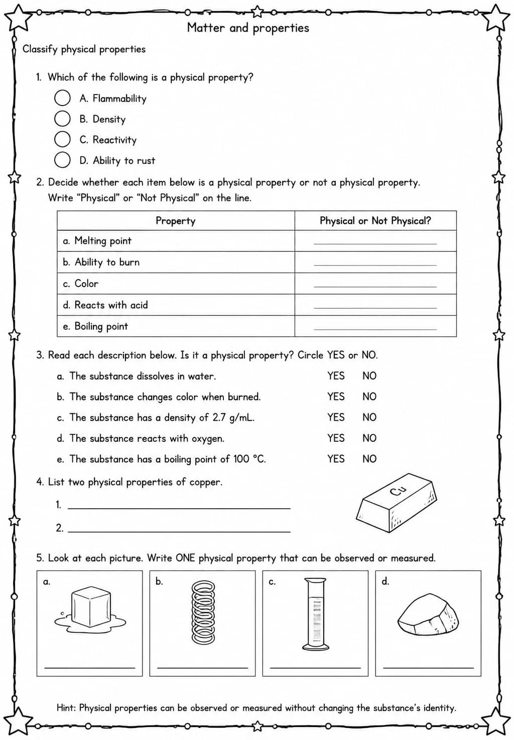 Classify physical properties — free printable High School Science worksheet