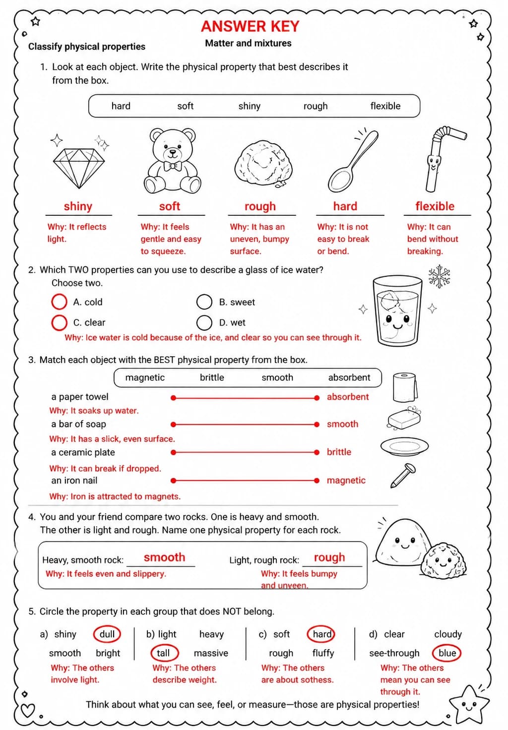 Answer key for Classify physical properties — free printable Science worksheet