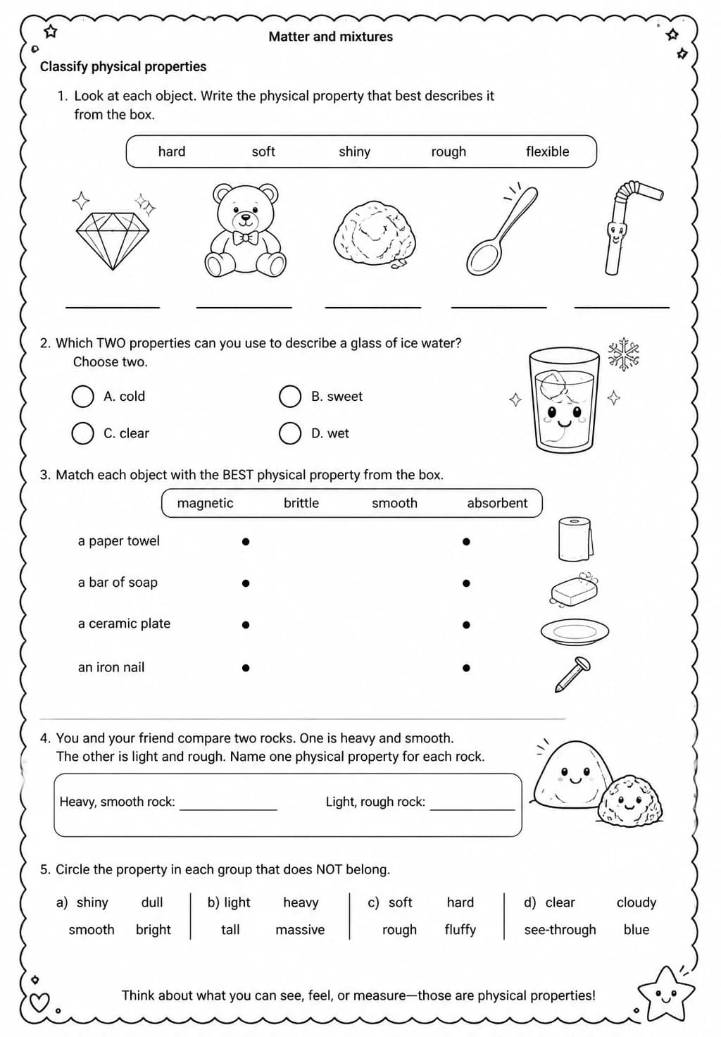 Classify physical properties — free printable Grade 4 Science worksheet