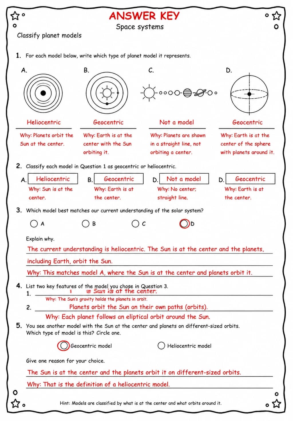 Answer key for Classify planet models — free printable Science worksheet