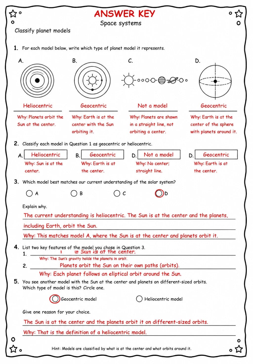 Answer key for Classify planet models — free printable Science worksheet