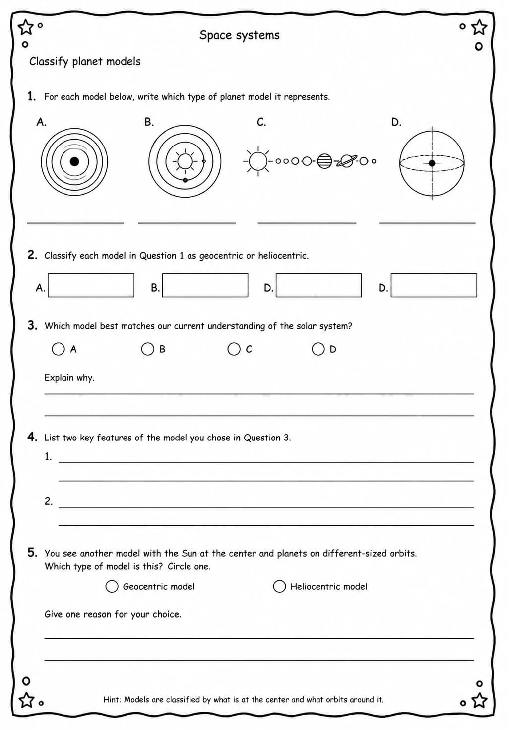 Classify planet models — free printable Grade 5 Science worksheet