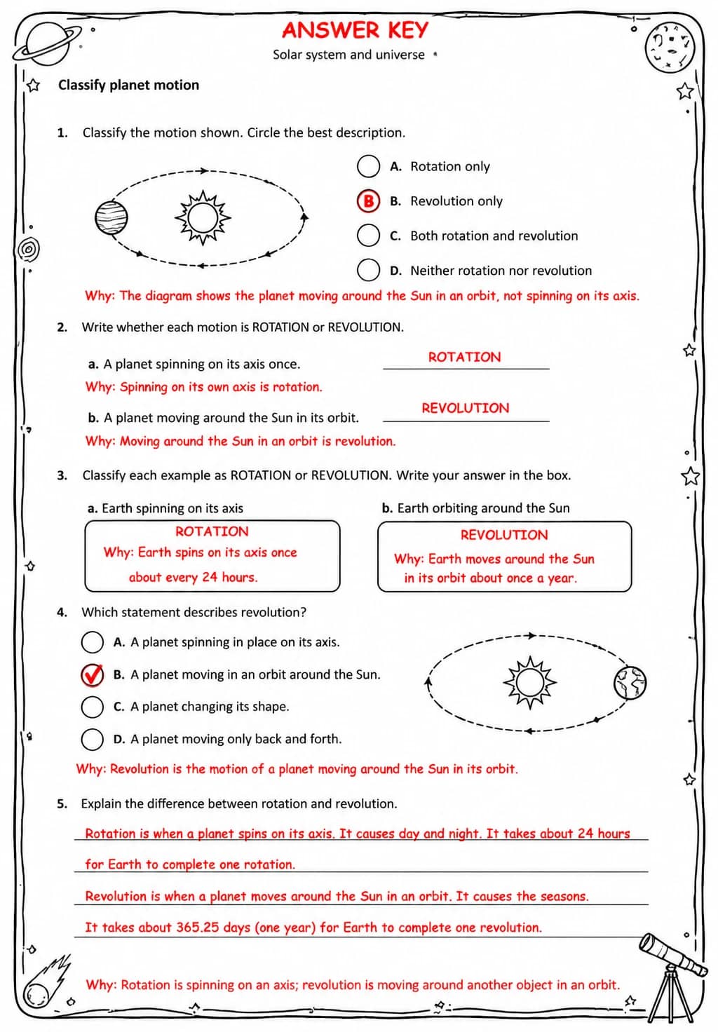Answer key for Classify planet motion — free printable Science worksheet