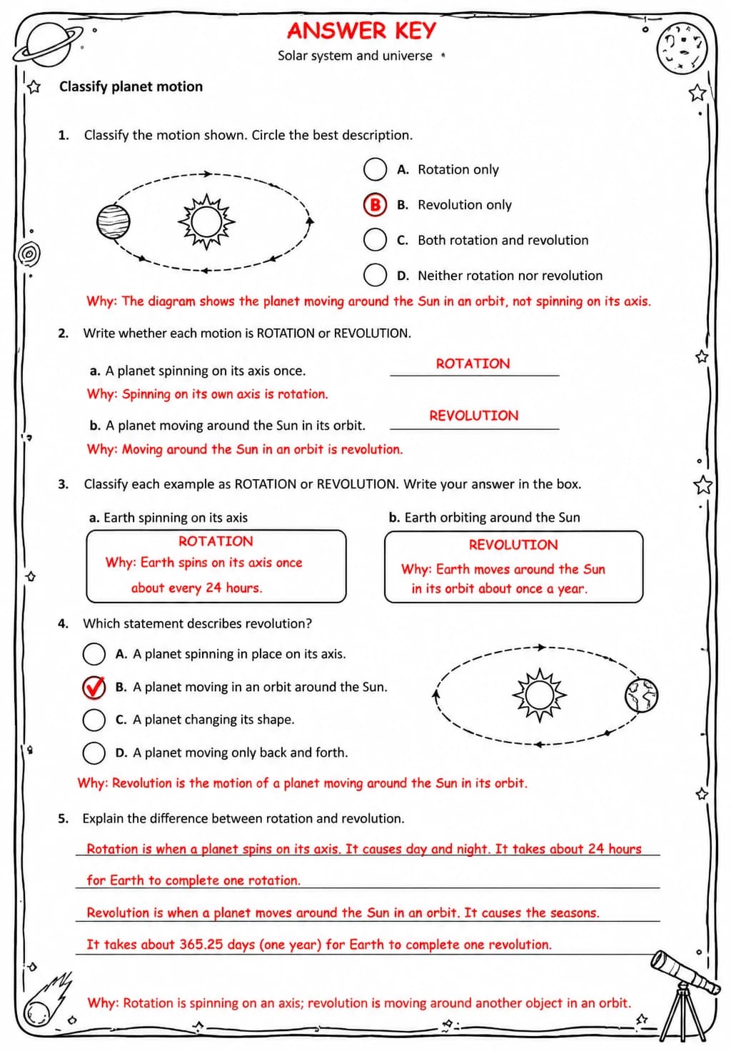 Answer key for Classify planet motion — free printable Science worksheet