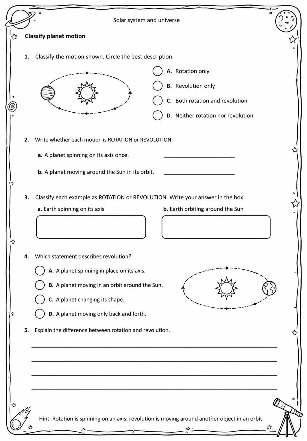 Classify planet motion — free printable Middle School Science worksheet