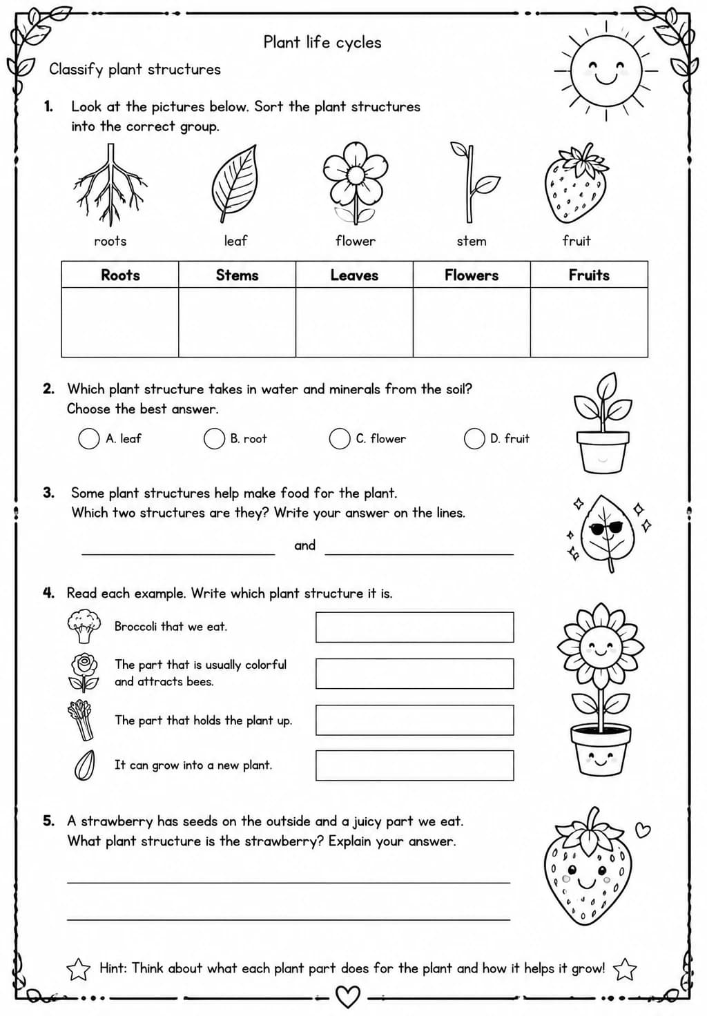 Classify plant structures — free printable Grade 4 Science worksheet