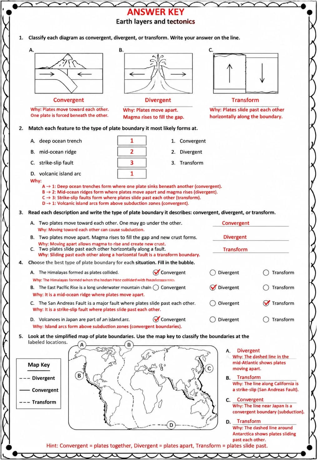Answer key for Classify plate boundaries — free printable Science worksheet