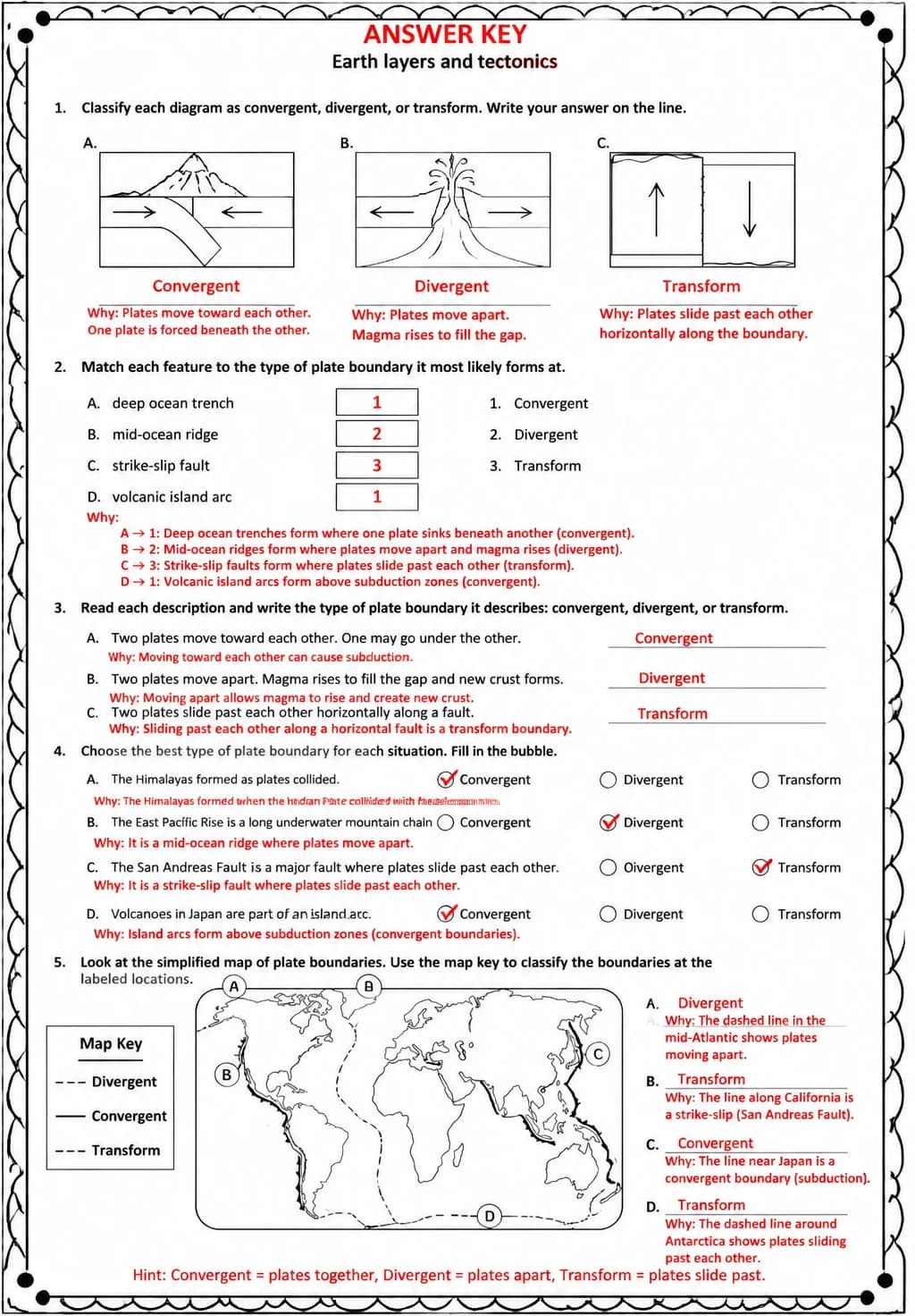 Answer key for Classify plate boundaries — free printable Science worksheet