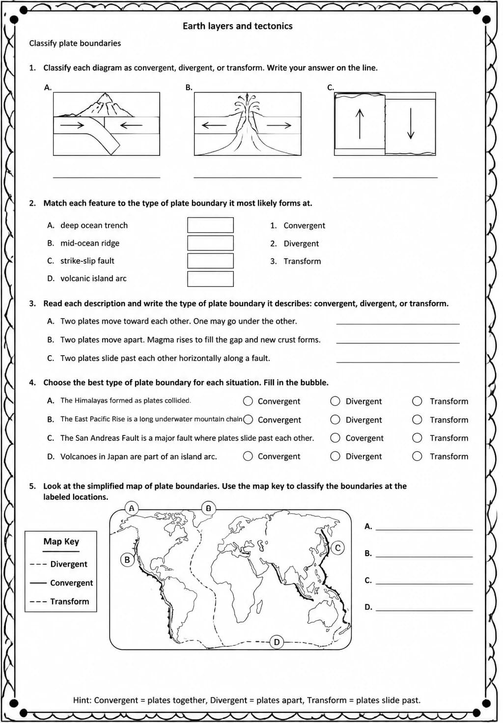 Classify plate boundaries — free printable Middle School Science worksheet