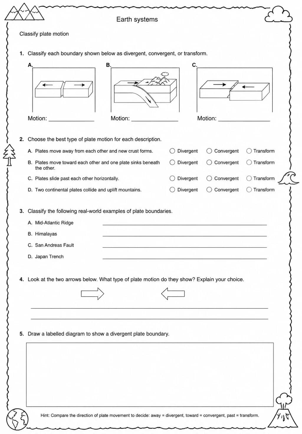 Classify plate motion — free printable Middle School Science worksheet