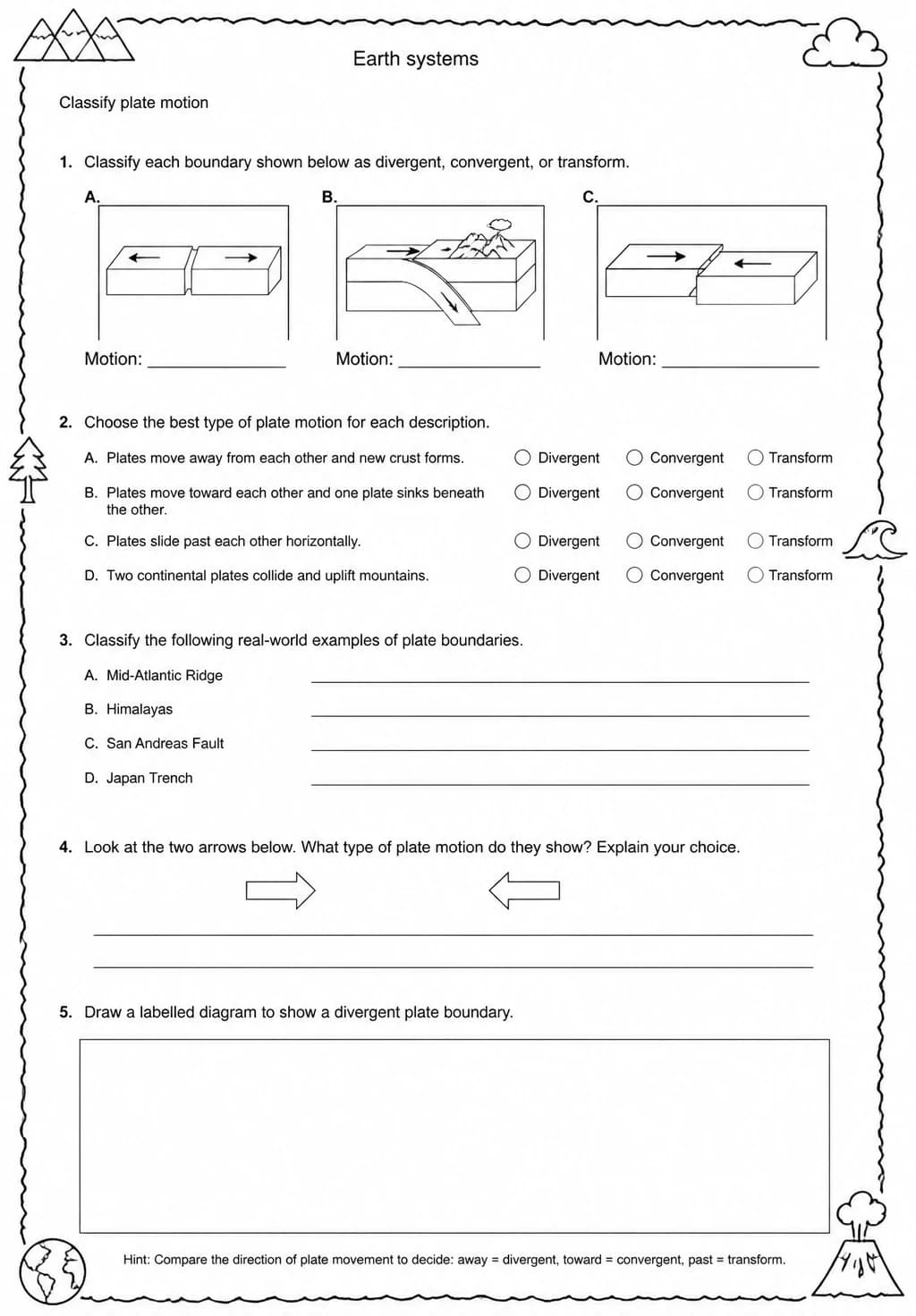 Classify plate motion — free printable Middle School Science worksheet