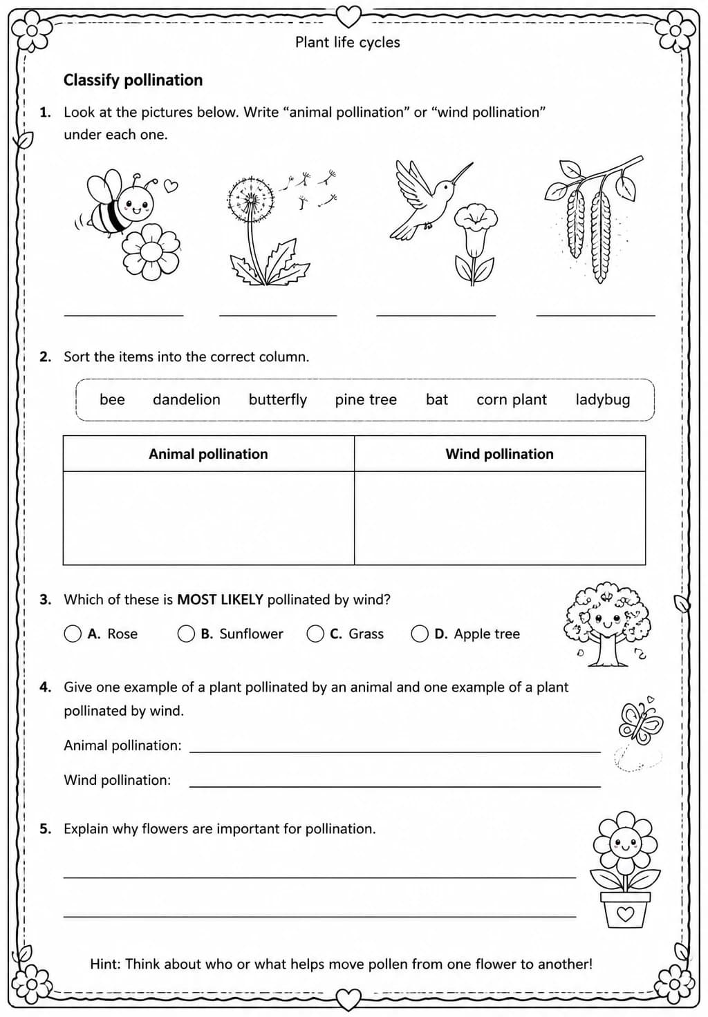 Classify pollination — free printable Grade 4 Science worksheet