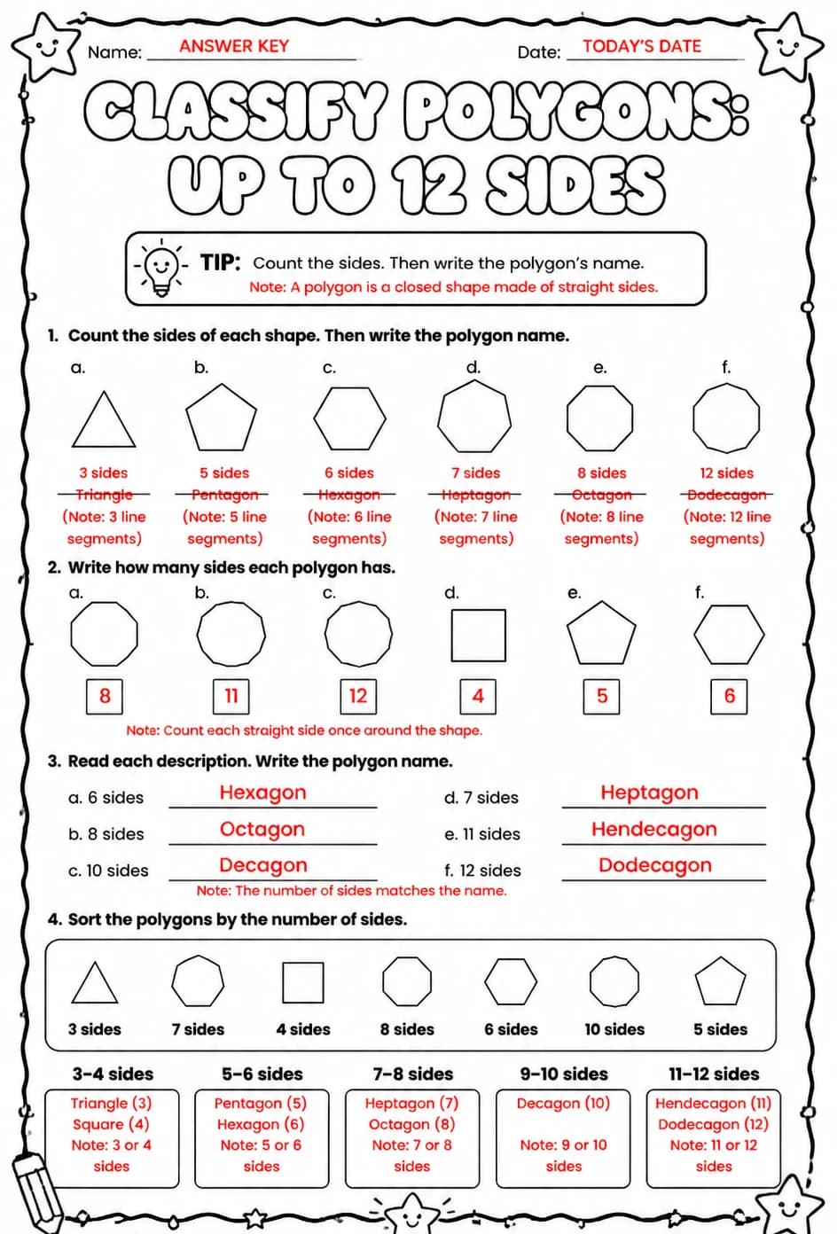 Answer key for Classify polygons: up to 12 sides — free printable Math worksheet