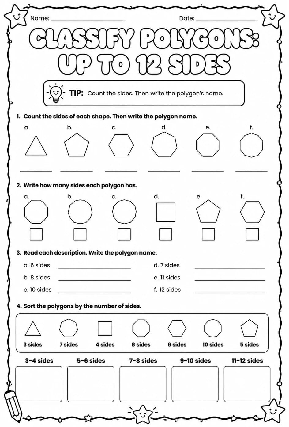 Classify polygons: up to 12 sides — free printable Grade 2 math worksheet