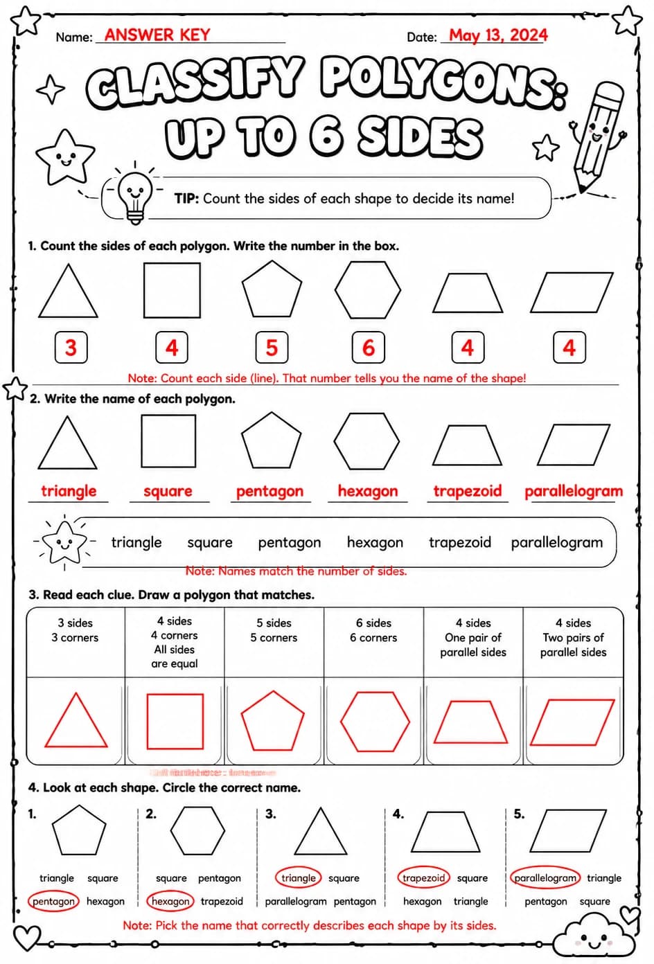 Answer key for Classify polygons: up to 6 sides — free printable Math worksheet