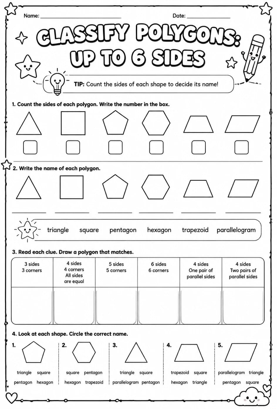 Classify polygons: up to 6 sides — free printable Grade 2 math worksheet