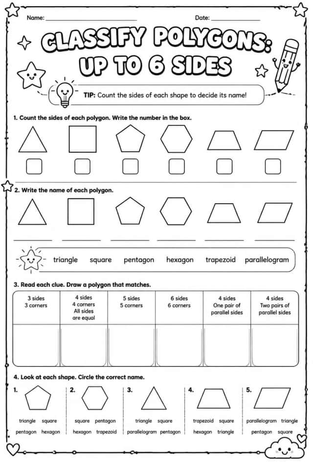 Classify polygons: up to 6 sides