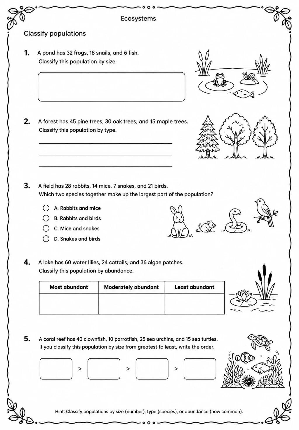 Classify populations — free printable Middle School Science worksheet