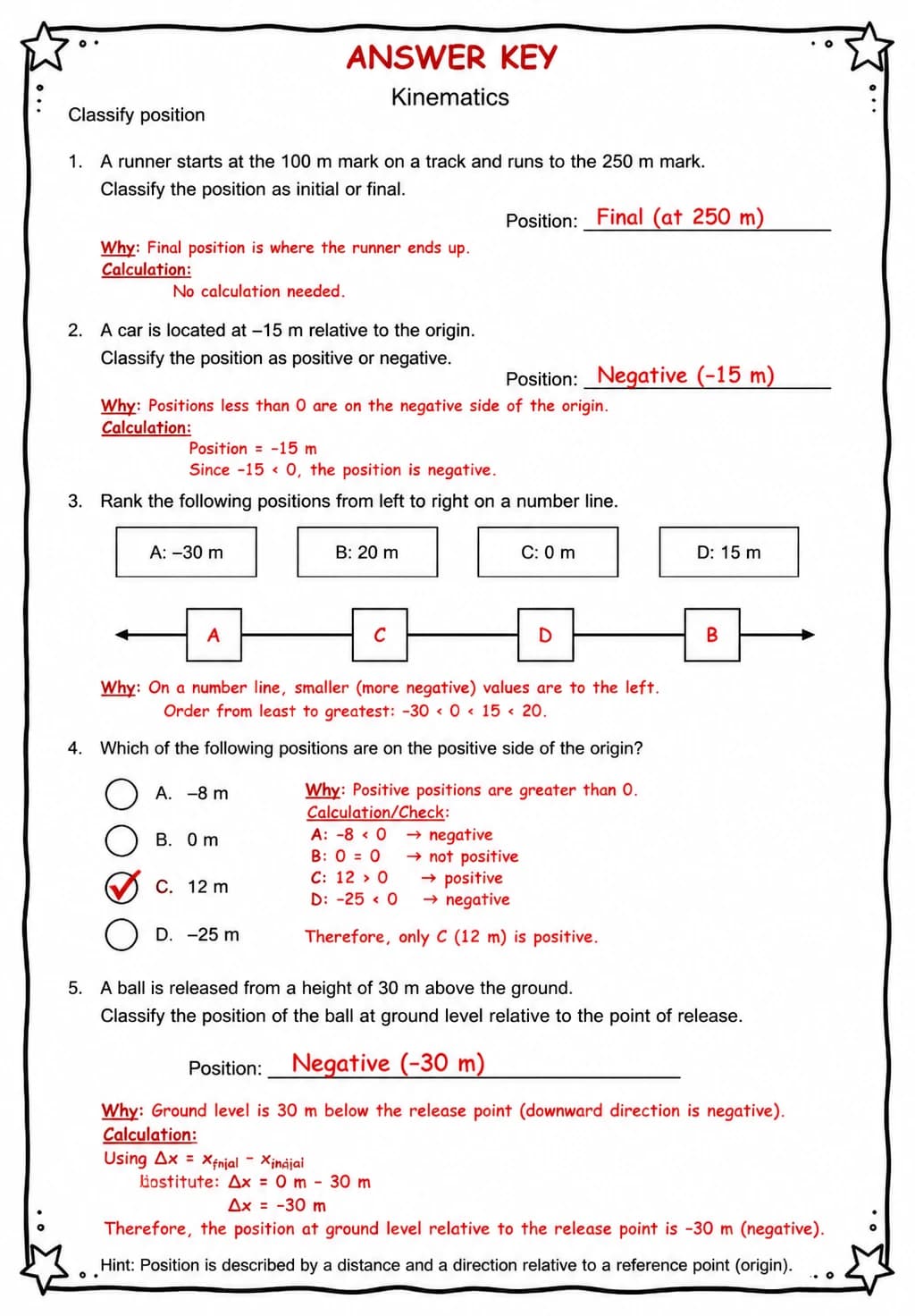 Answer key for Classify position — free printable Science worksheet