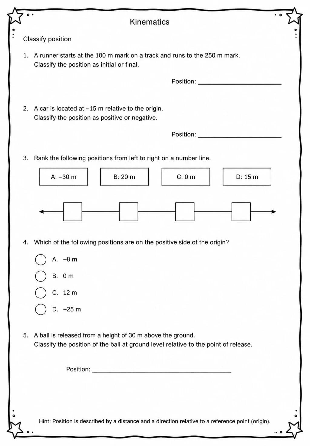 Classify position — free printable High School Science worksheet
