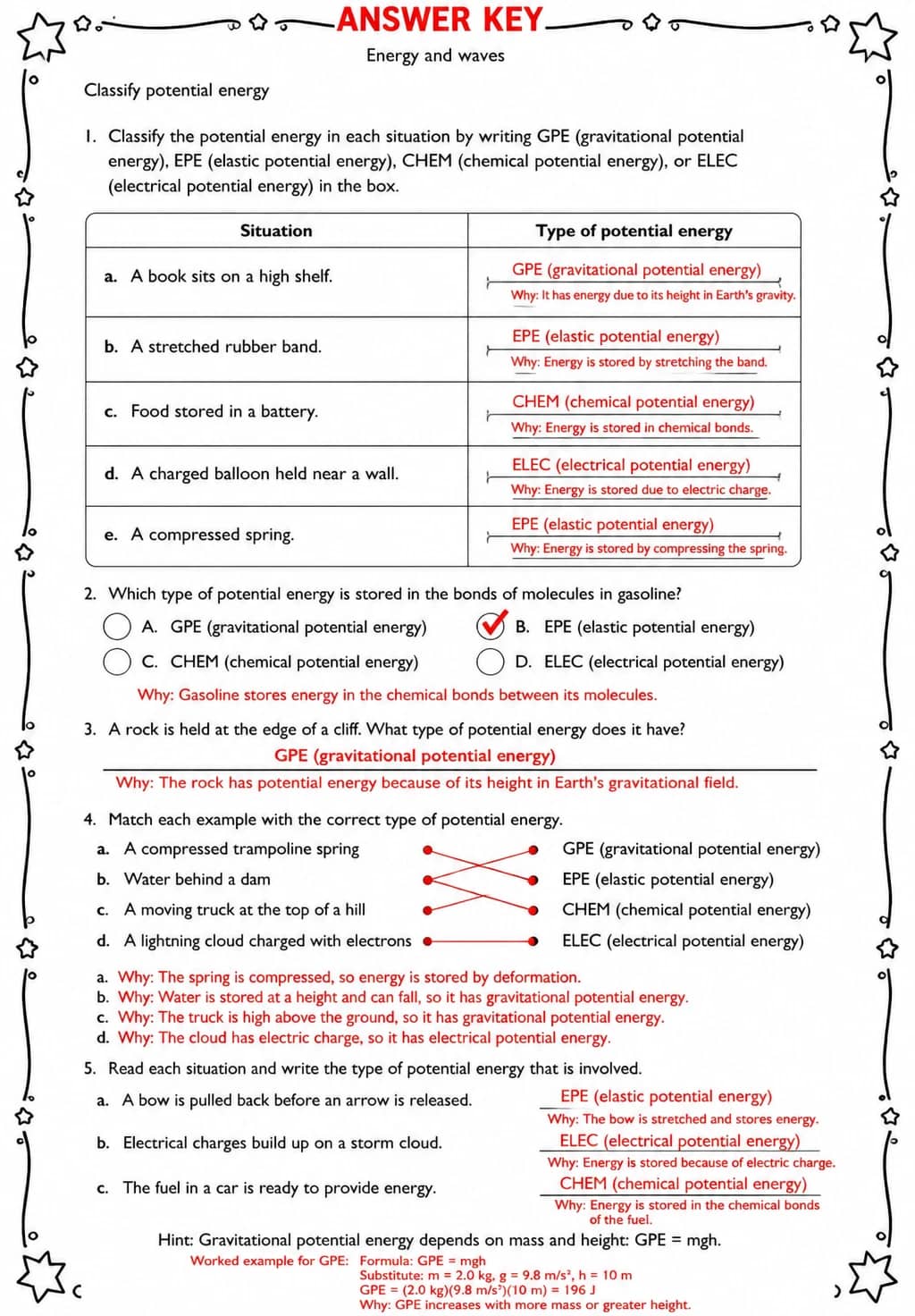 Answer key for Classify potential energy — free printable Science worksheet