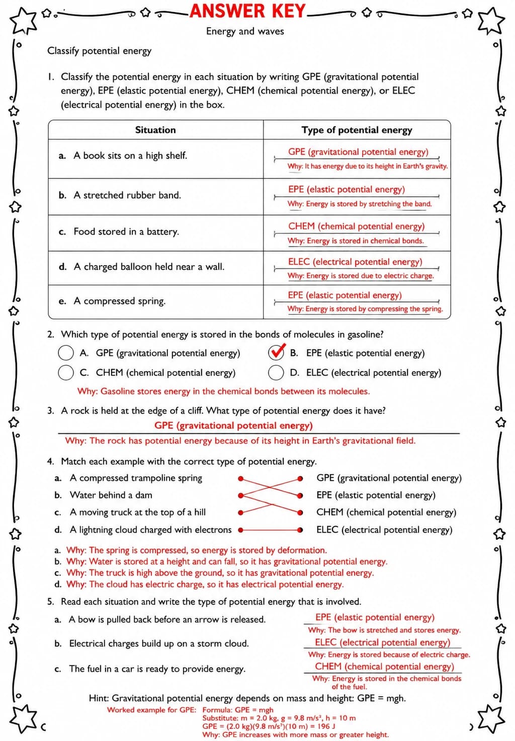 Answer key for Classify potential energy — free printable Science worksheet