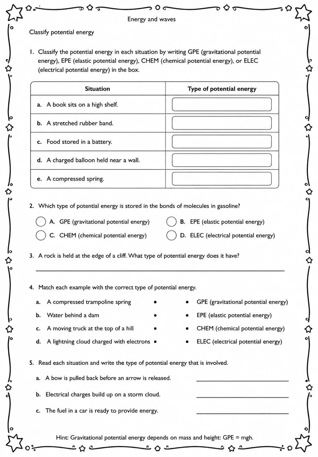 Classify potential energy — free printable Middle School Science worksheet